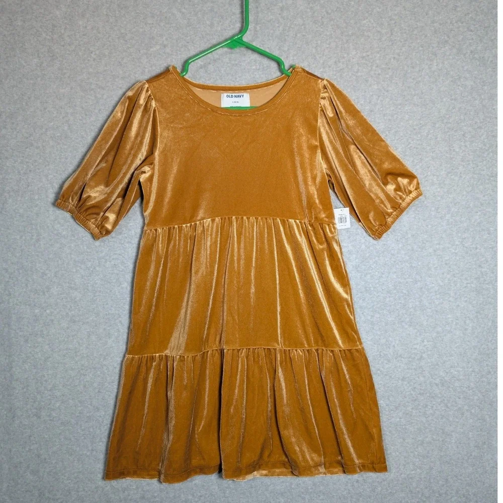 Old‎ Navy Girls Mustard Gold Velvet Tiered Puff Sleeve Dress Size L 10-12 Autumn
